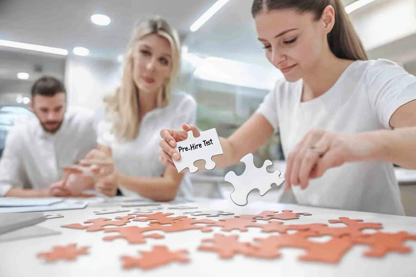 HR professional trying to fit a “Pre-Hire Test” puzzle piece into a completed team puzzle, symbolizing why pre-employment tests aren’t suited for existing employees.