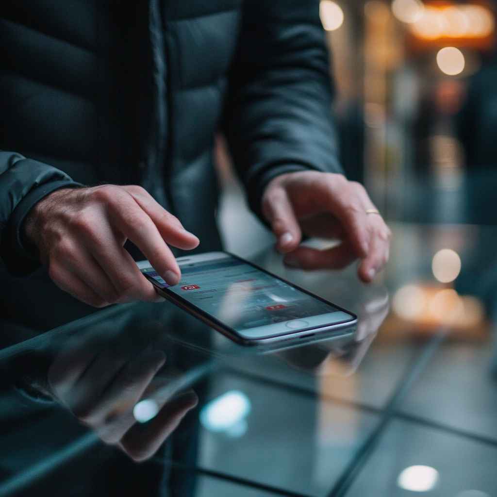 Man using a mobile phone in a modern office.