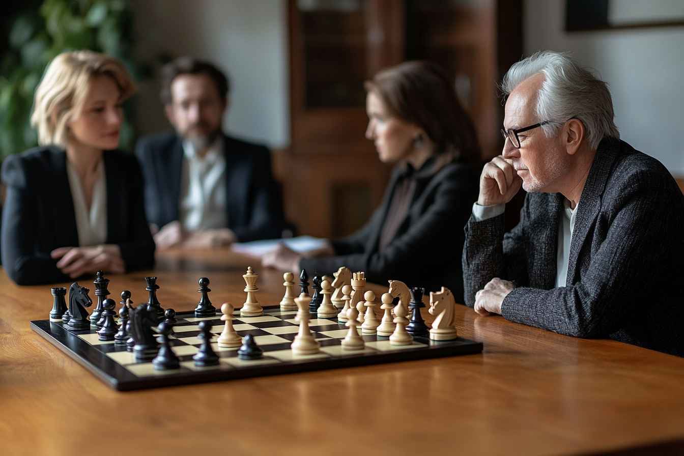 Diverse group of executive leaders engaged in a high-stakes chess game in a modern boardroom, symbolizing the strategic importance of hiring decisions.