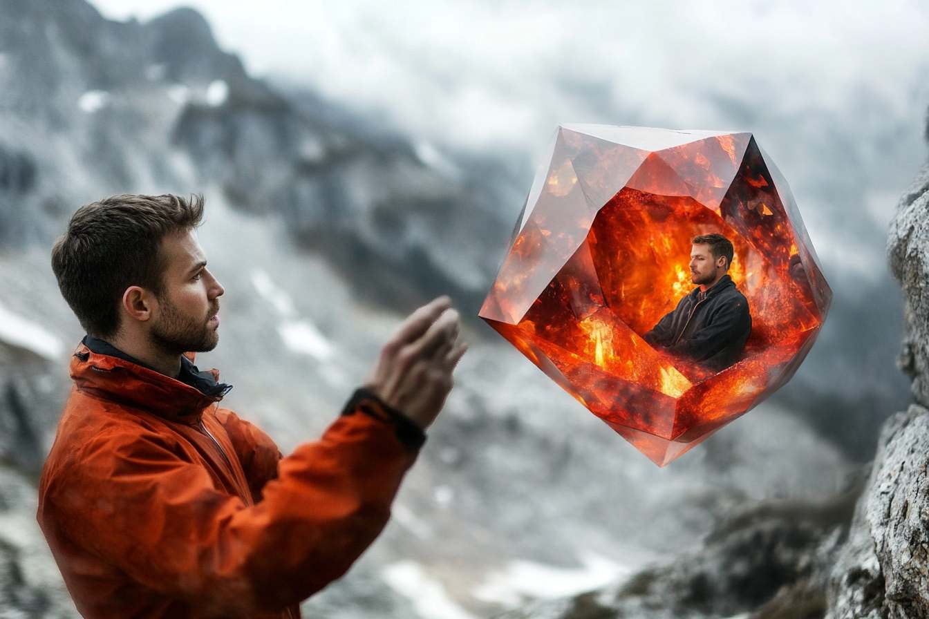 Recruiter examining a rare, glowing gem amidst a rugged terrain, symbolizing the challenge of attracting skilled workers for less desirable jobs.