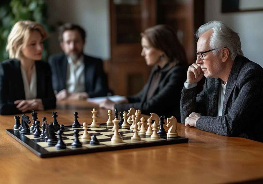 Diverse group of executive leaders engaged in a high-stakes chess game in a modern boardroom, symbolizing the strategic importance of hiring decisions.